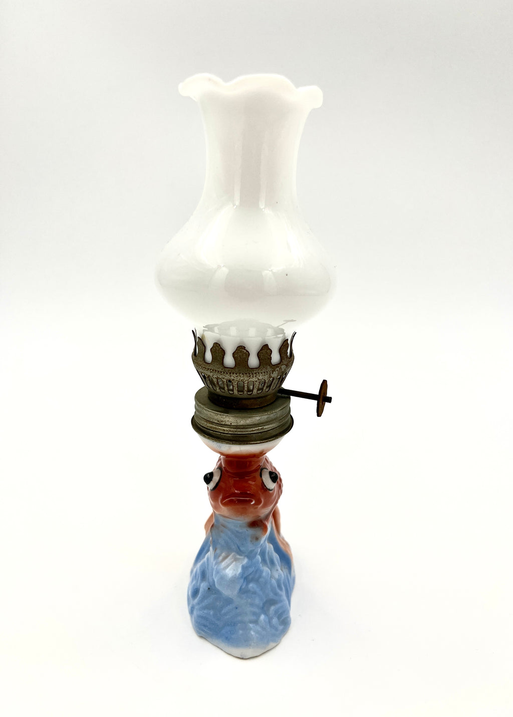 Vintage Kerosene Lamp Porcelain Goldfish with Opaline Glass Shade