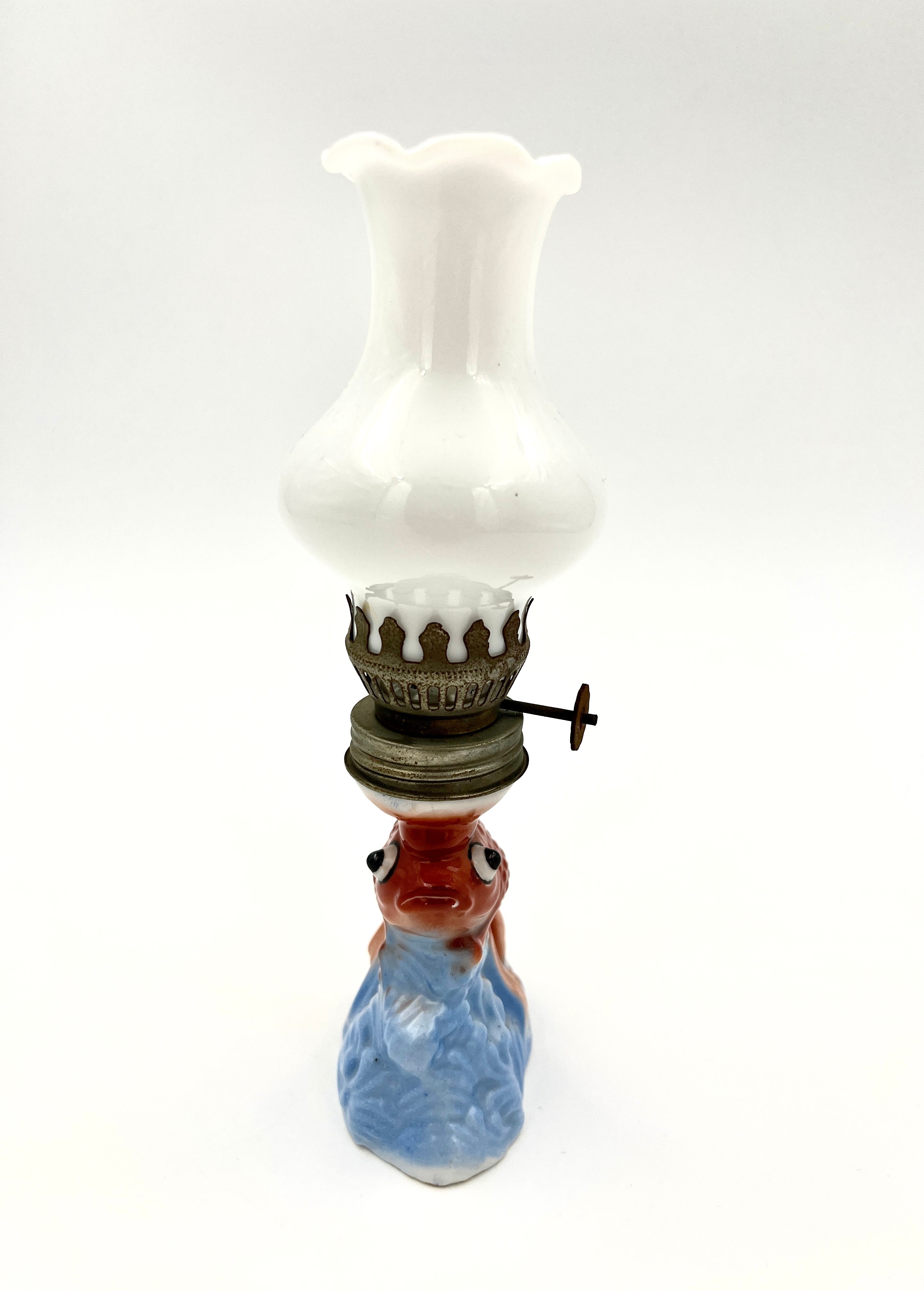 Vintage Kerosene Lamp Porcelain Goldfish with Opaline Glass Shade