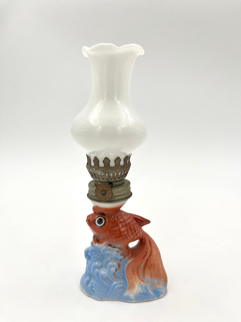 Vintage Kerosene Lamp Porcelain Goldfish with Opaline Glass Shade