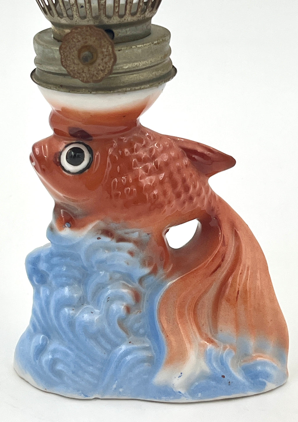 Vintage Kerosene Lamp Porcelain Goldfish with Opaline Glass Shade