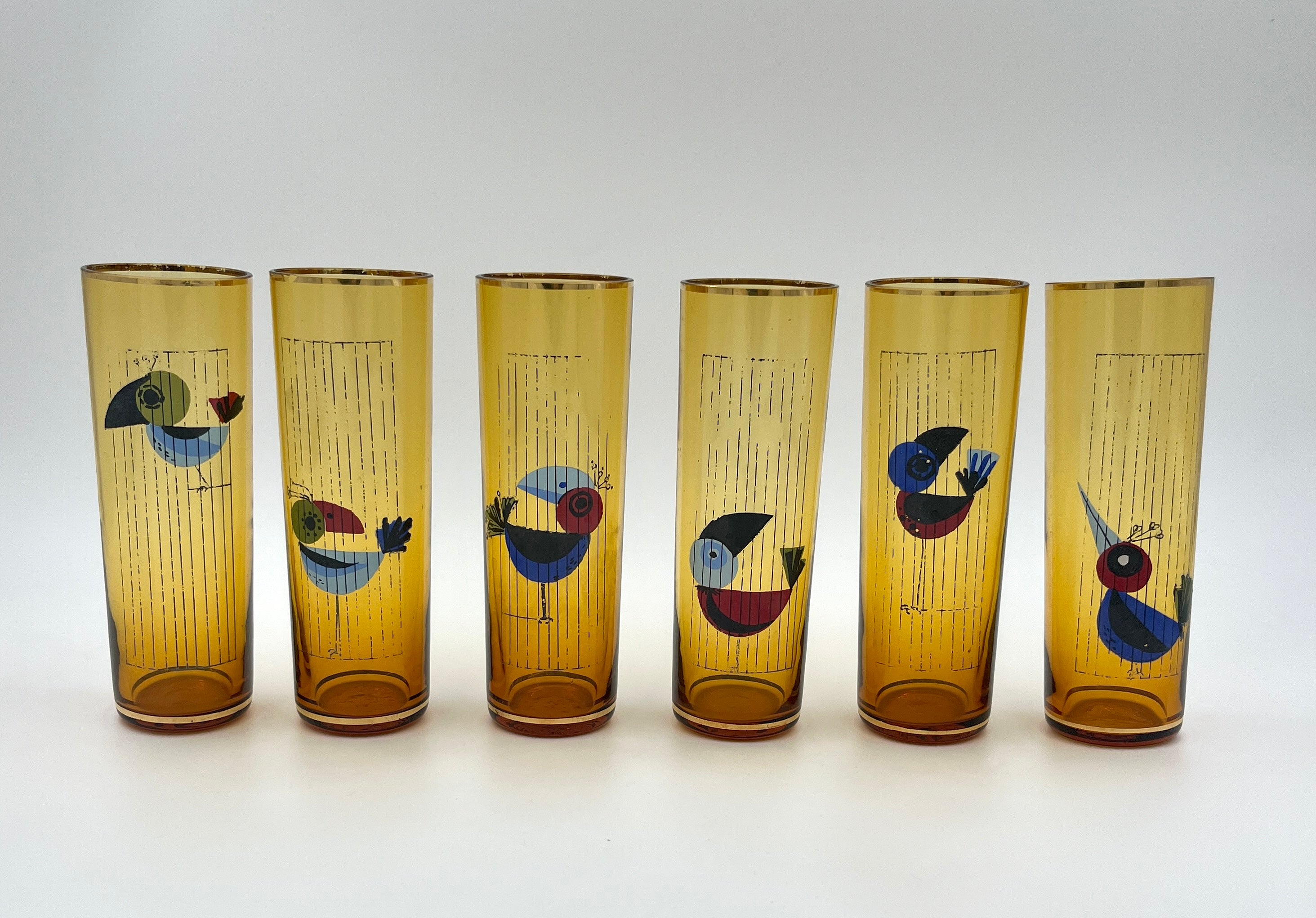 Vintage Amber Highball glasses Bird Motif Retro 1960s 1970s