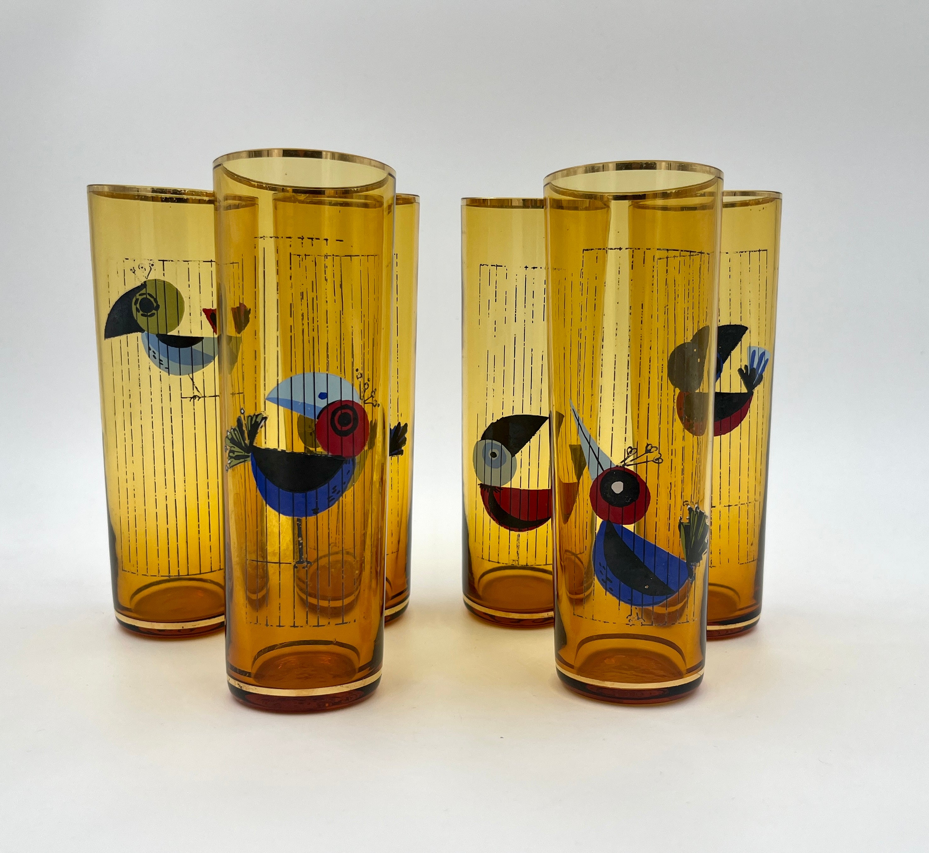 Vintage Amber Highball glasses Bird Motif Retro 1960s 1970s