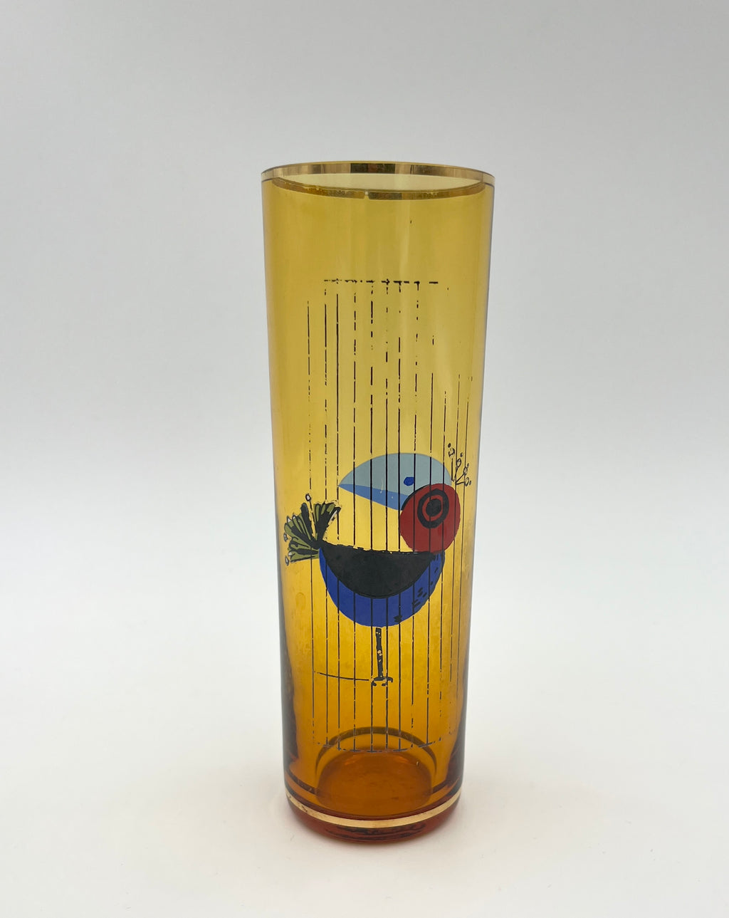 Vintage Amber Highball glasses Bird Motif Retro 1960s 1970s