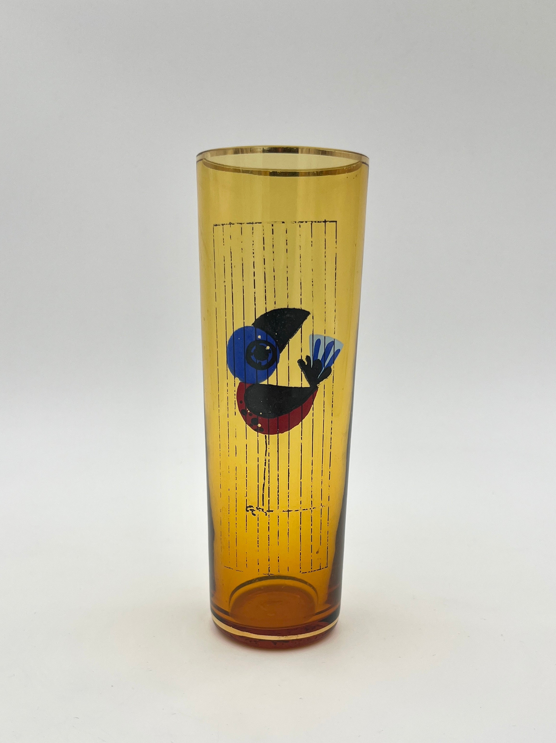 Vintage Amber Highball glasses Bird Motif Retro 1960s 1970s