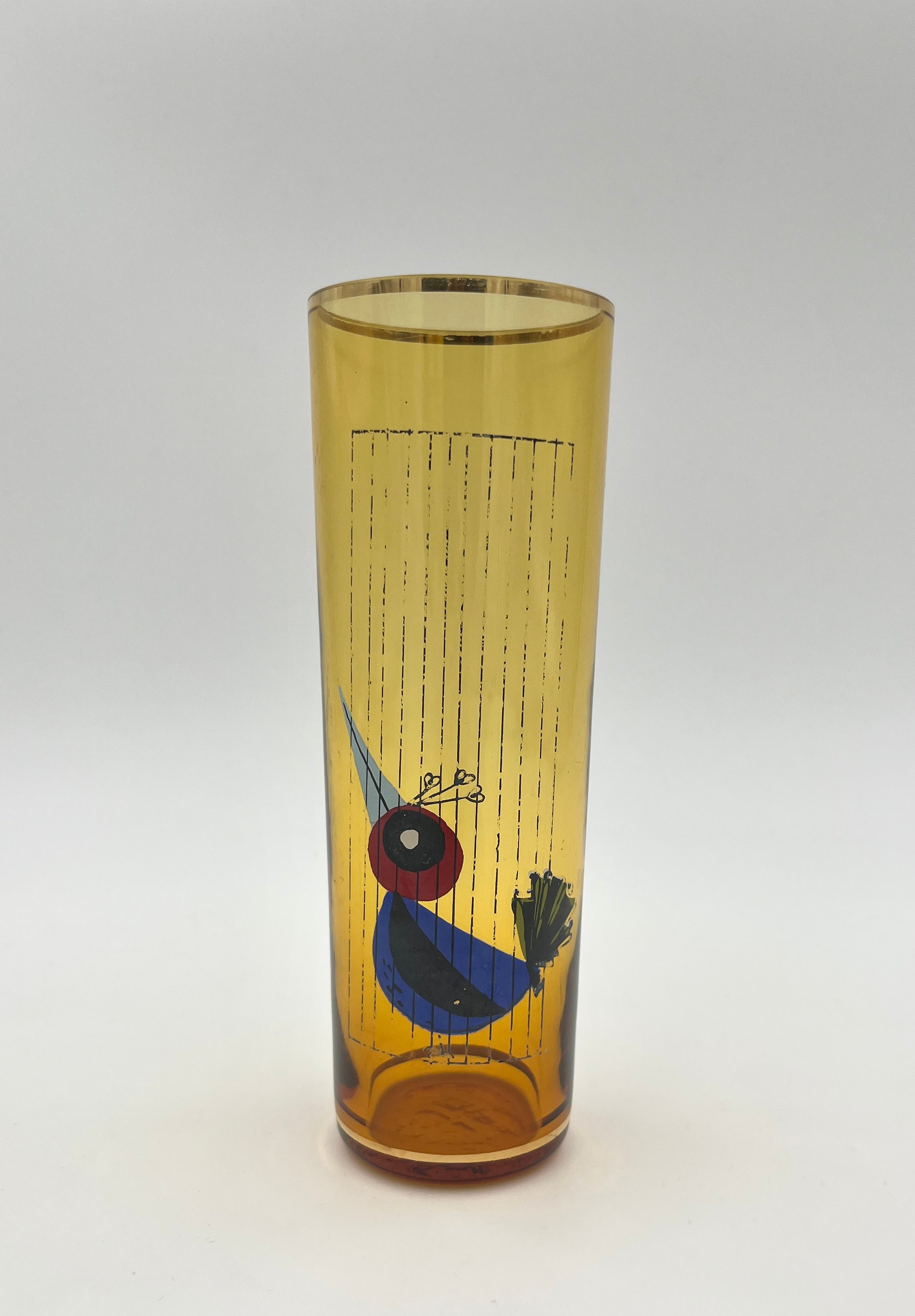 Vintage Amber Highball glasses Bird Motif Retro 1960s 1970s