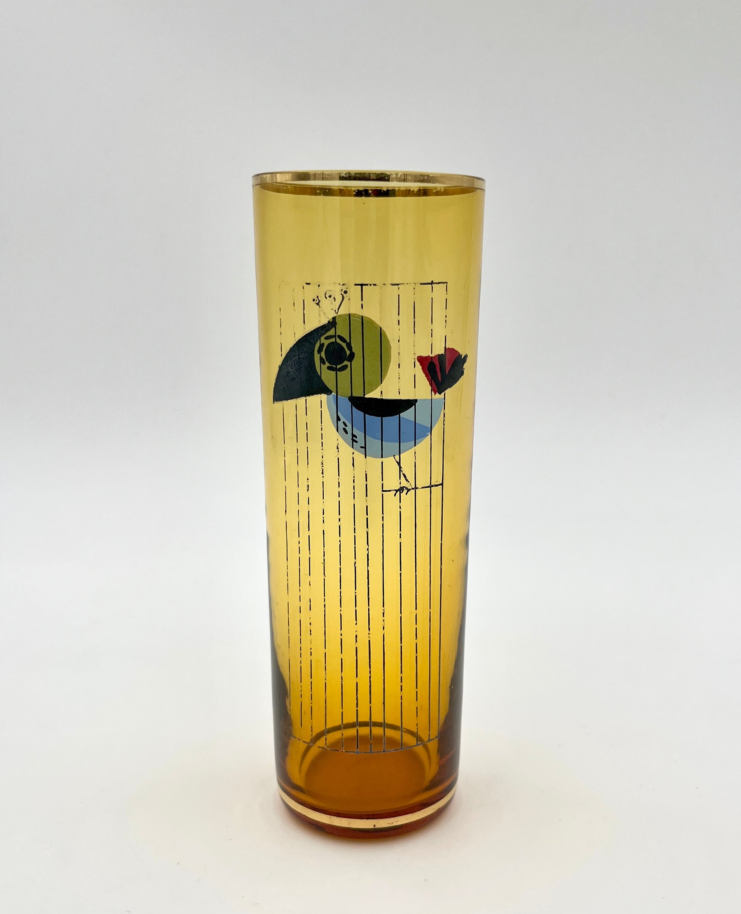 Vintage Amber Highball glasses Bird Motif Retro 1960s 1970s
