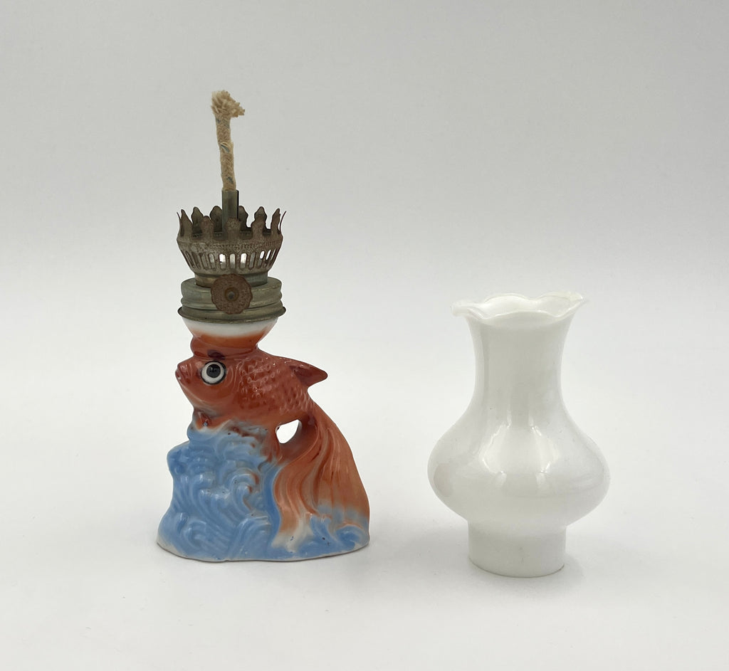 Vintage Kerosene Lamp Porcelain Goldfish with Opaline Glass Shade