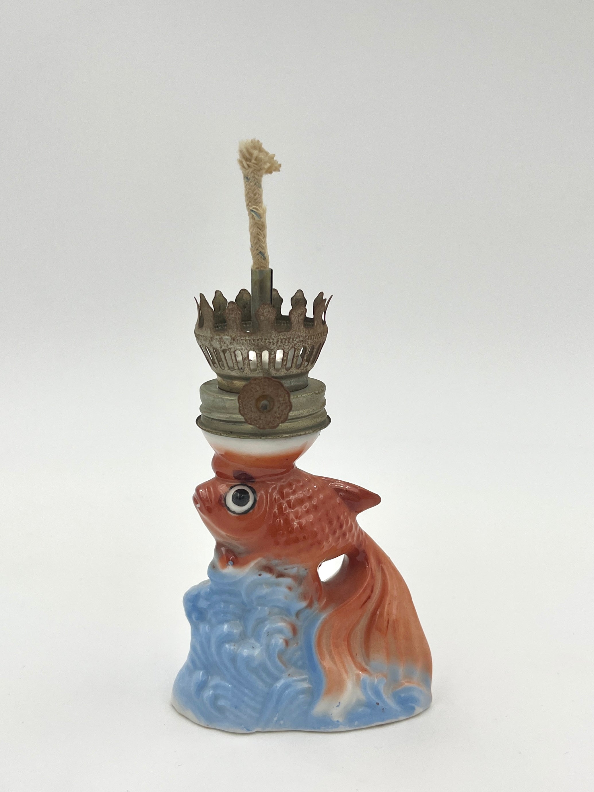 Vintage Kerosene Lamp Porcelain Goldfish with Opaline Glass Shade