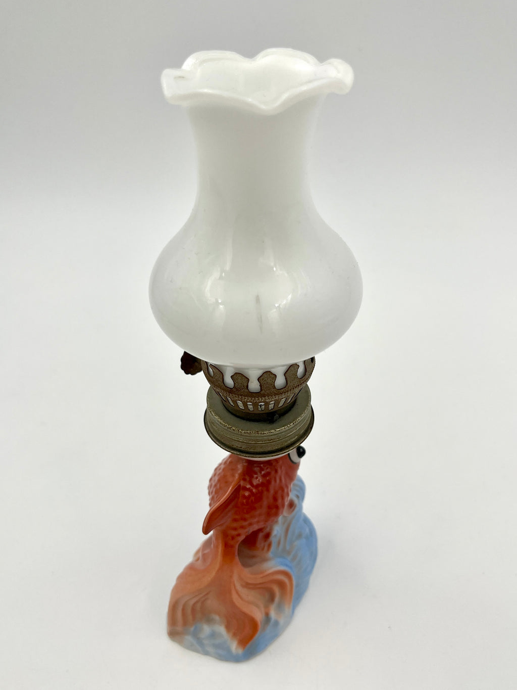 Vintage Kerosene Lamp Porcelain Goldfish with Opaline Glass Shade