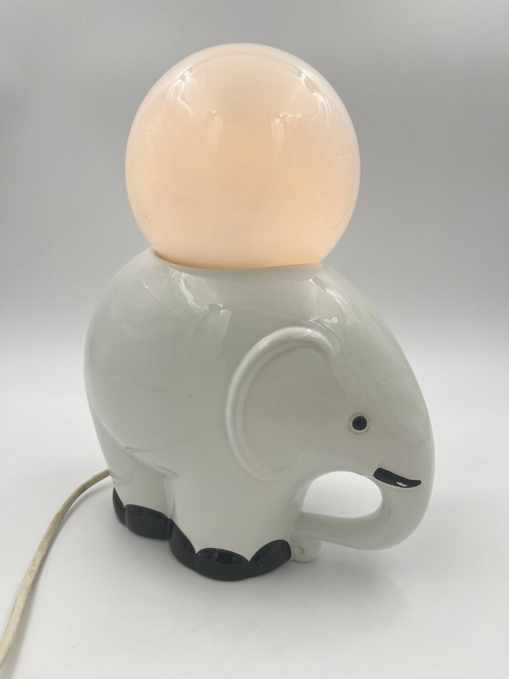 Vintage Elephant Table Lamp Ceramic & Opaline Glass Retro 1970s