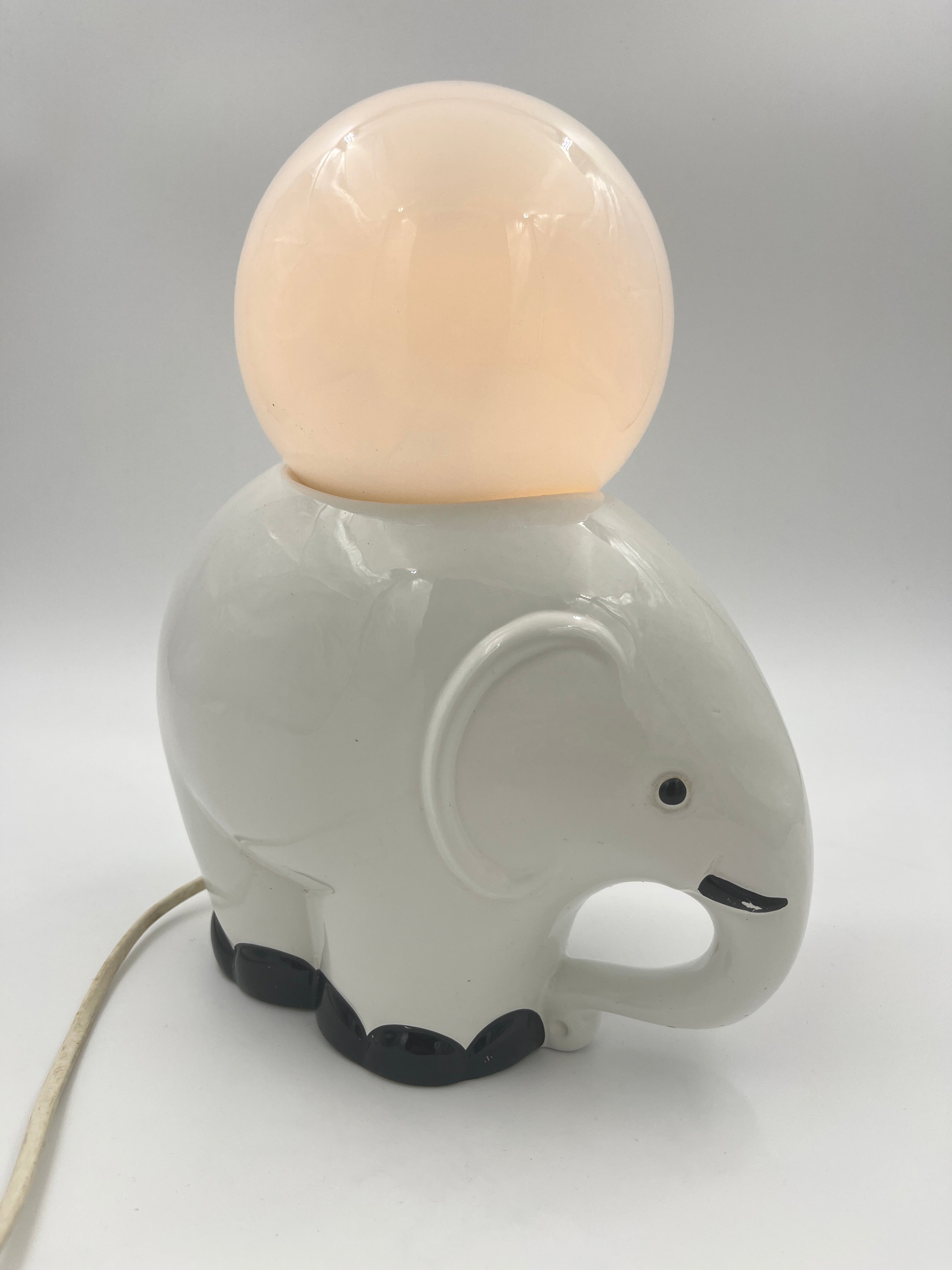 Vintage Elephant Table Lamp Ceramic & Opaline Glass Retro 1970s
