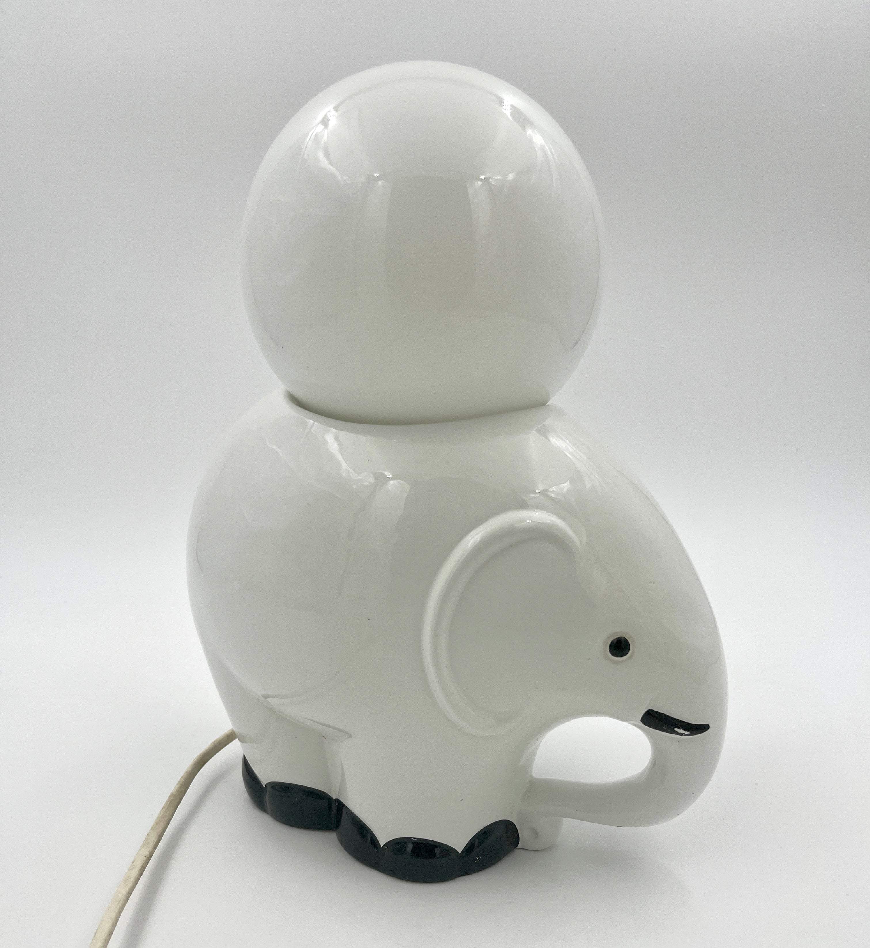 Vintage Elephant Table Lamp Ceramic & Opaline Glass Retro 1970s