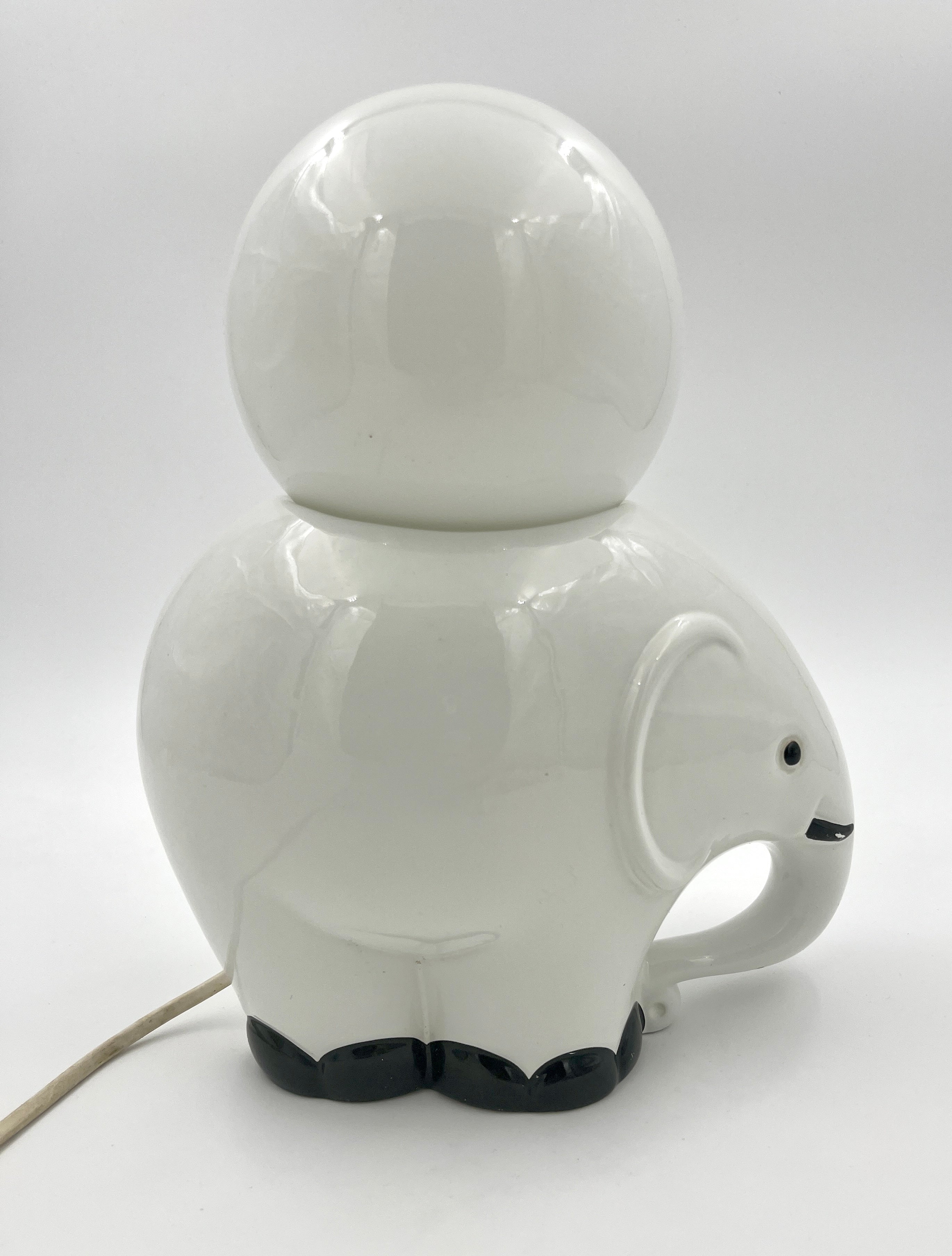 Vintage Elephant Table Lamp Ceramic & Opaline Glass Retro 1970s