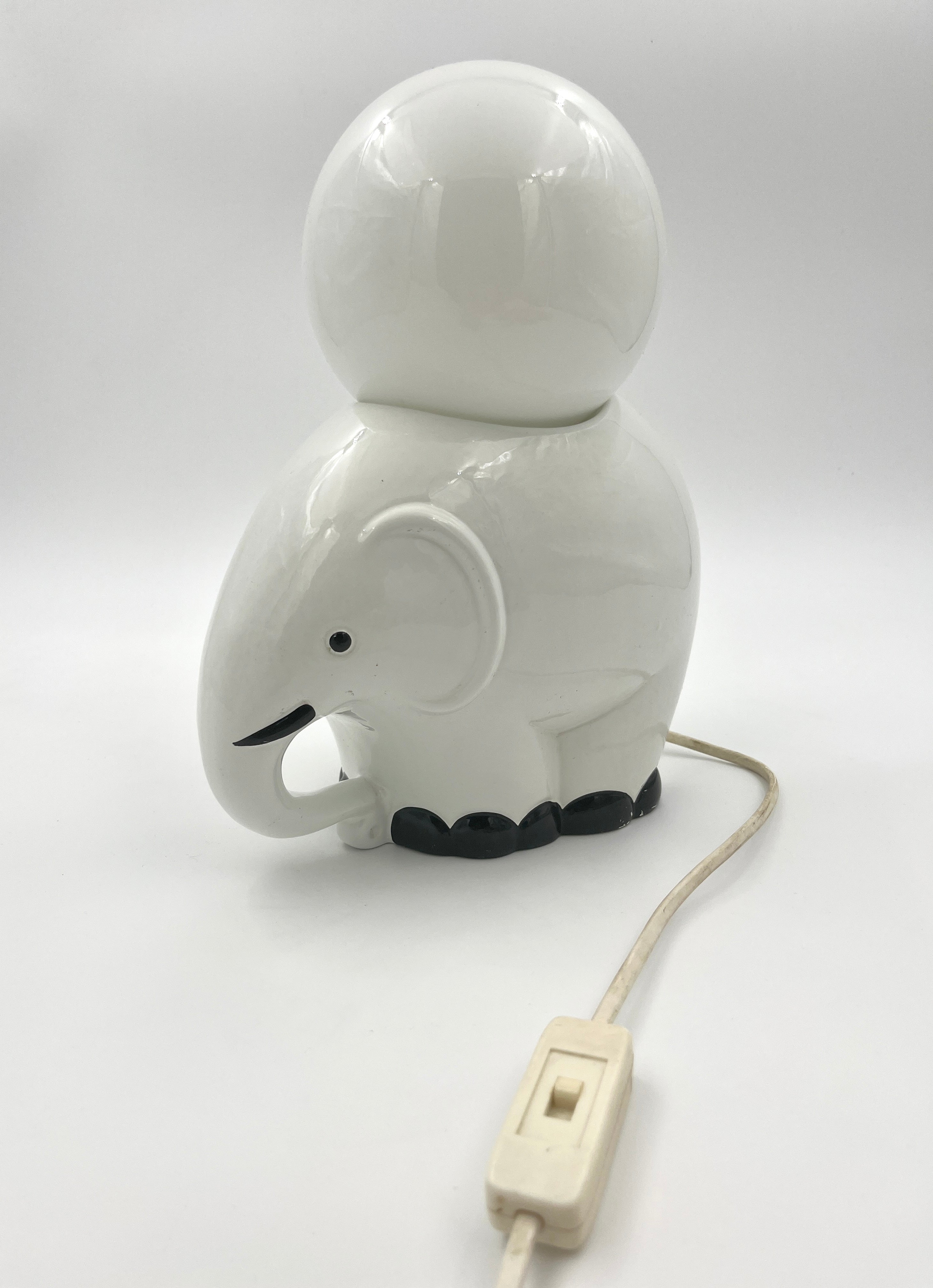Vintage Elephant Table Lamp Ceramic & Opaline Glass Retro 1970s