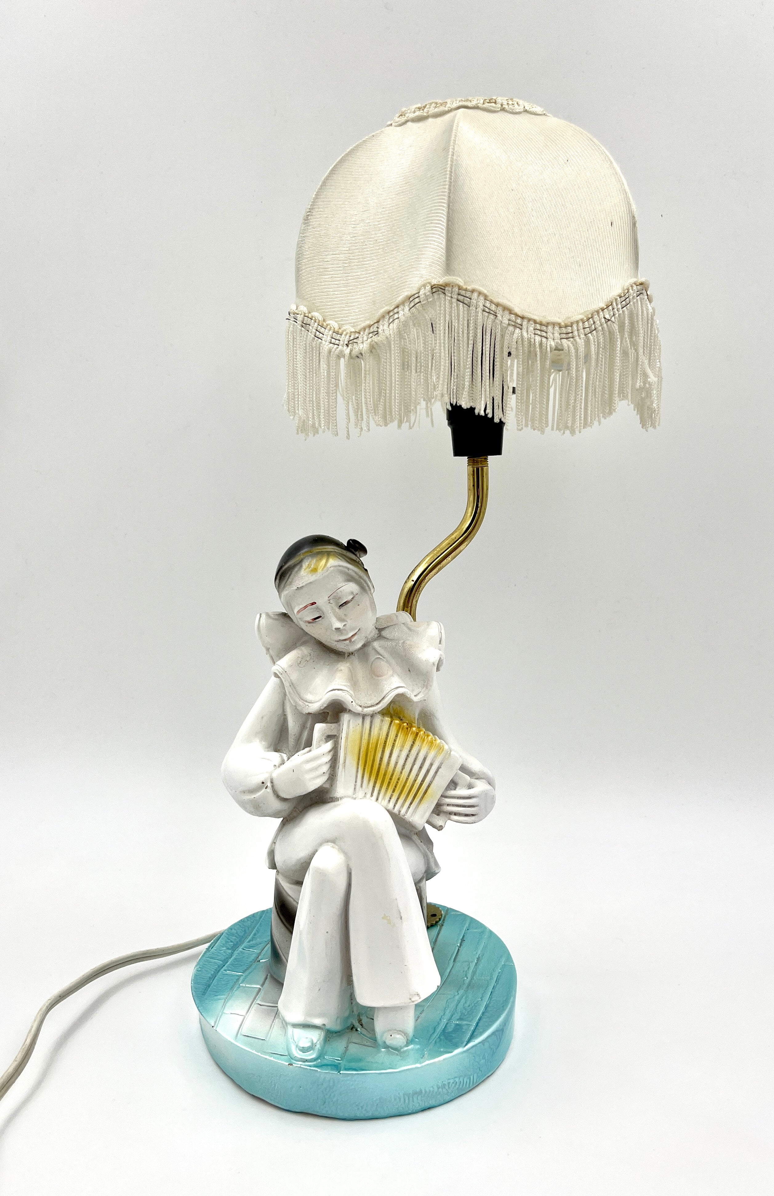 Vintage Pierrot Clown Table Lamp with Fringe Shade Art Deco Style Accent Light