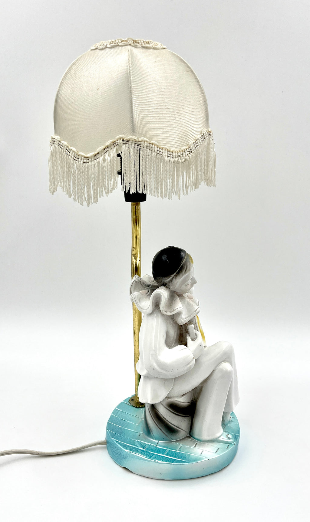 Vintage Pierrot Clown Table Lamp with Fringe Shade Art Deco Style Accent Light
