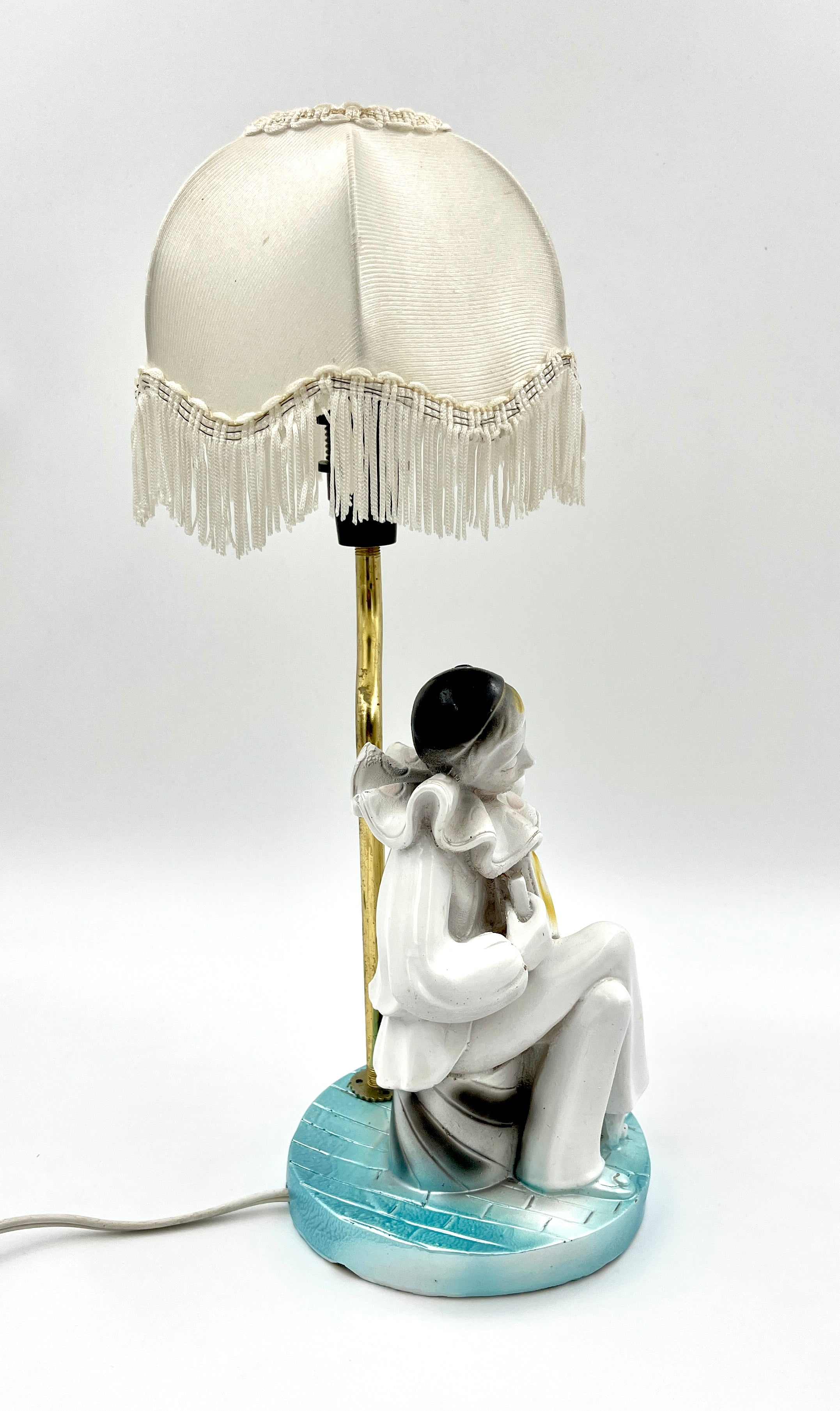 Vintage Pierrot Clown Table Lamp with Fringe Shade Art Deco Style Accent Light
