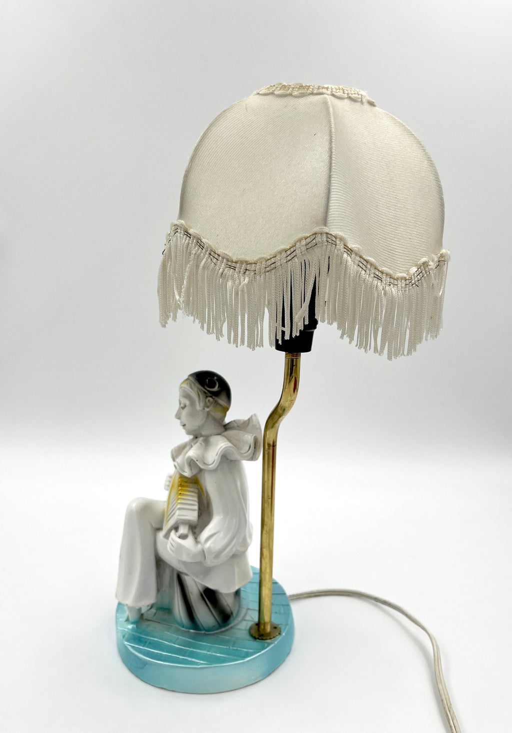 Vintage Pierrot Clown Table Lamp with Fringe Shade Art Deco Style Accent Light