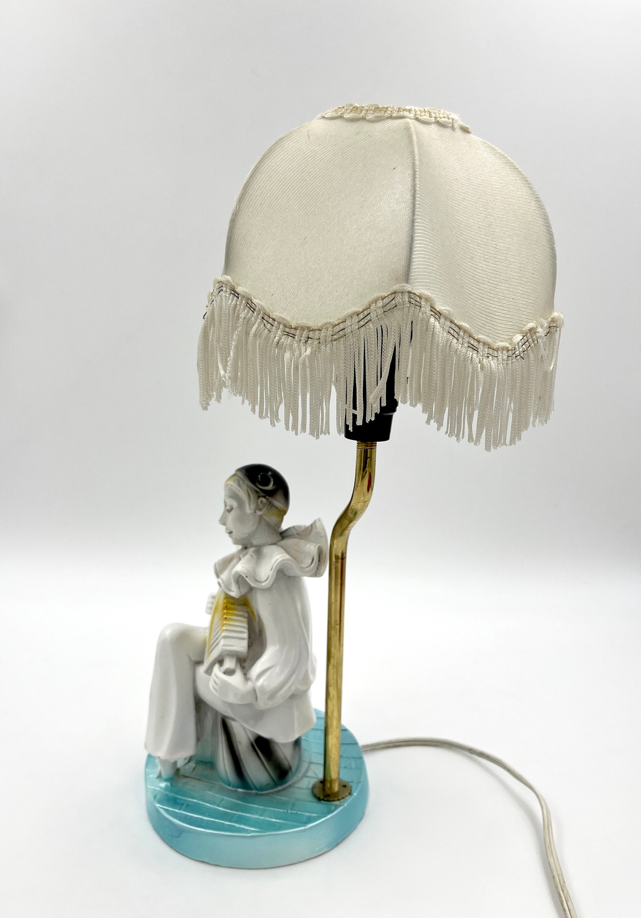 Vintage Pierrot Clown Table Lamp with Fringe Shade Art Deco Style Accent Light
