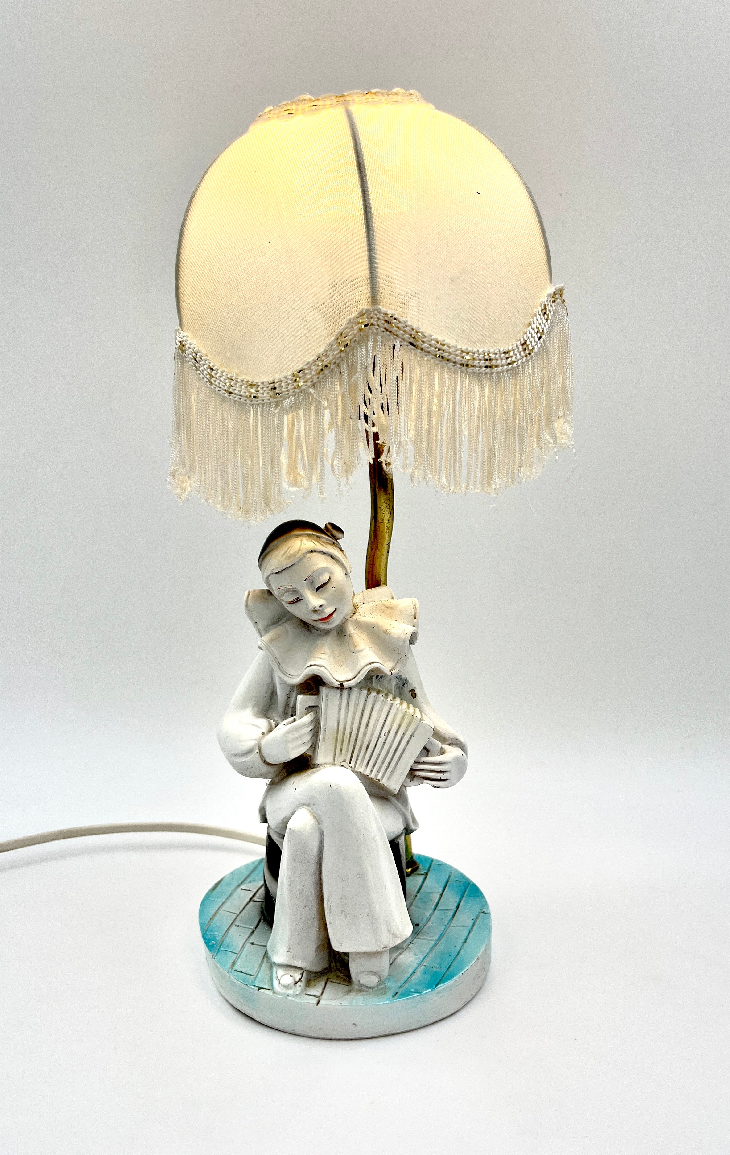Vintage Pierrot Clown Table Lamp with Fringe Shade Art Deco Style Accent Light