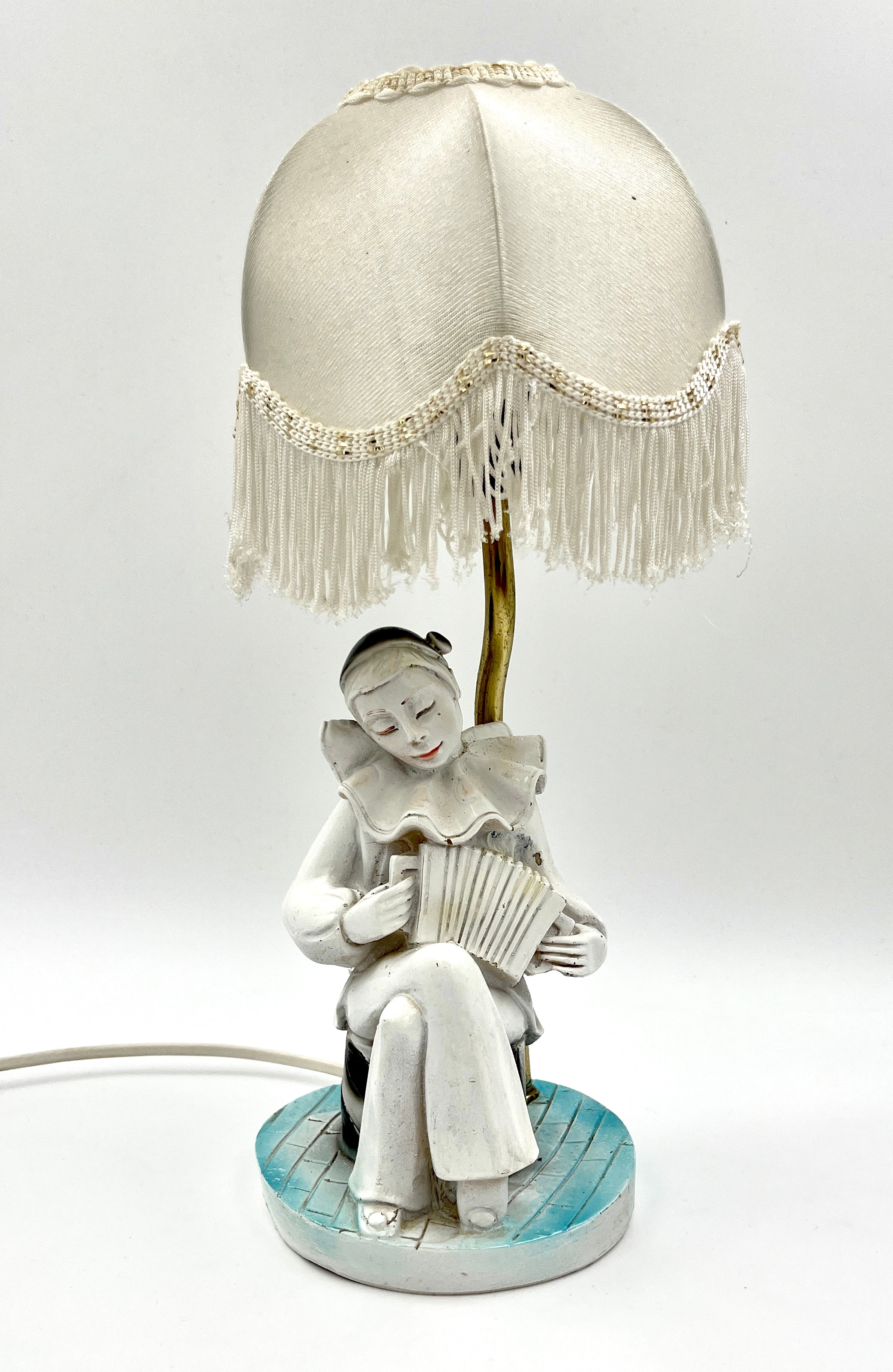 Vintage Pierrot Clown Table Lamp with Fringe Shade Art Deco Style Accent Light