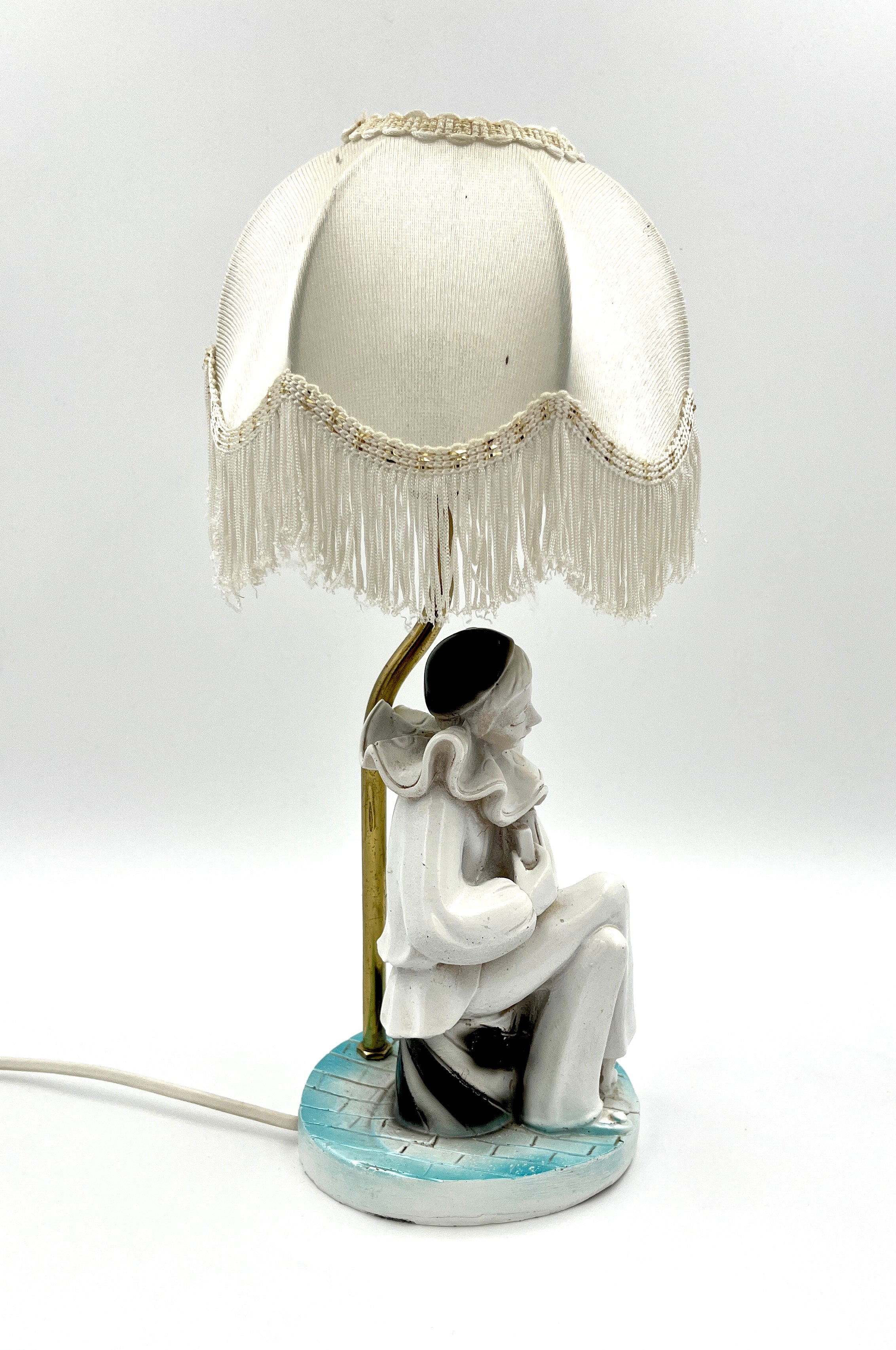 Vintage Pierrot Clown Table Lamp with Fringe Shade Art Deco Style Accent Light