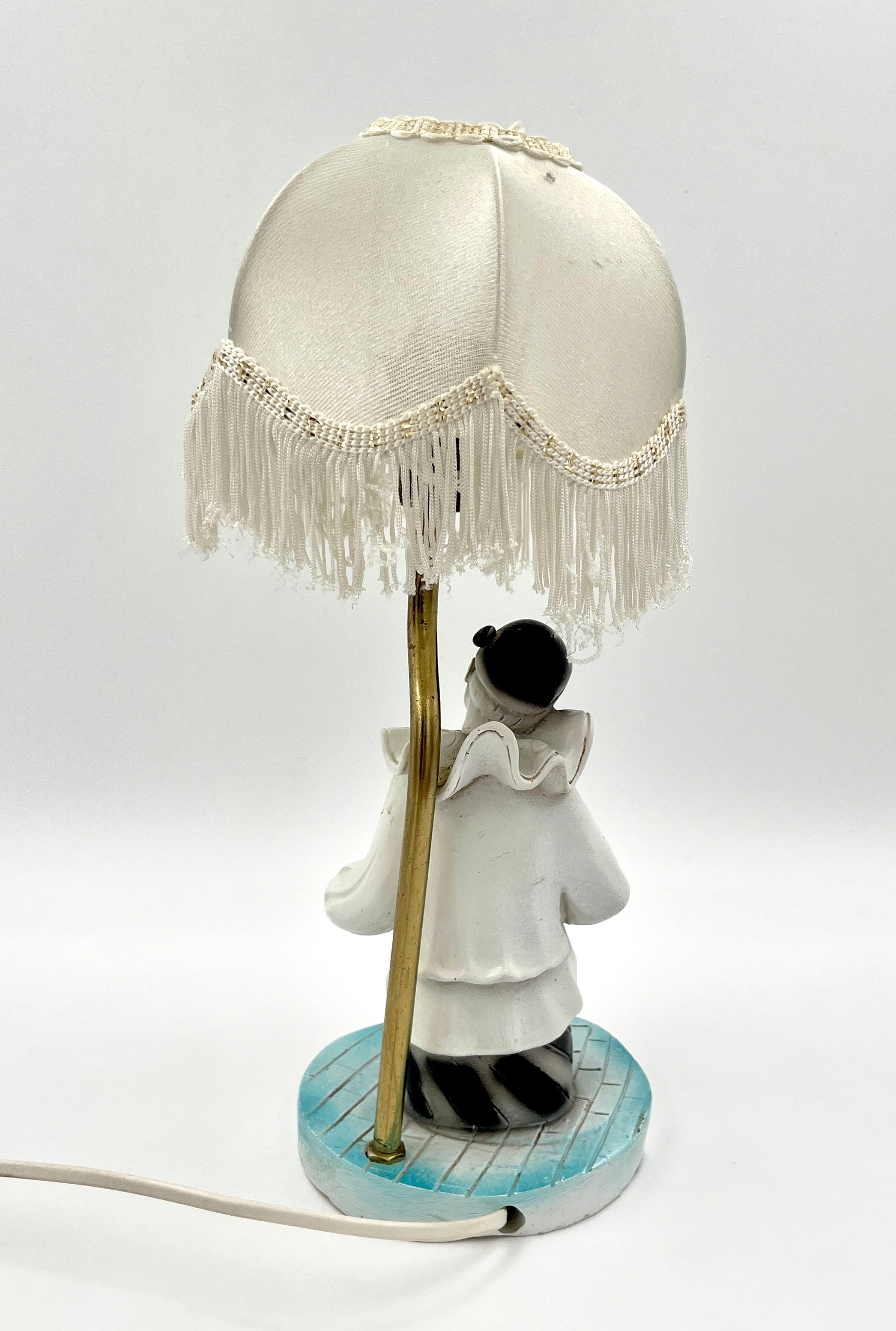 Vintage Pierrot Clown Table Lamp with Fringe Shade Art Deco Style Accent Light