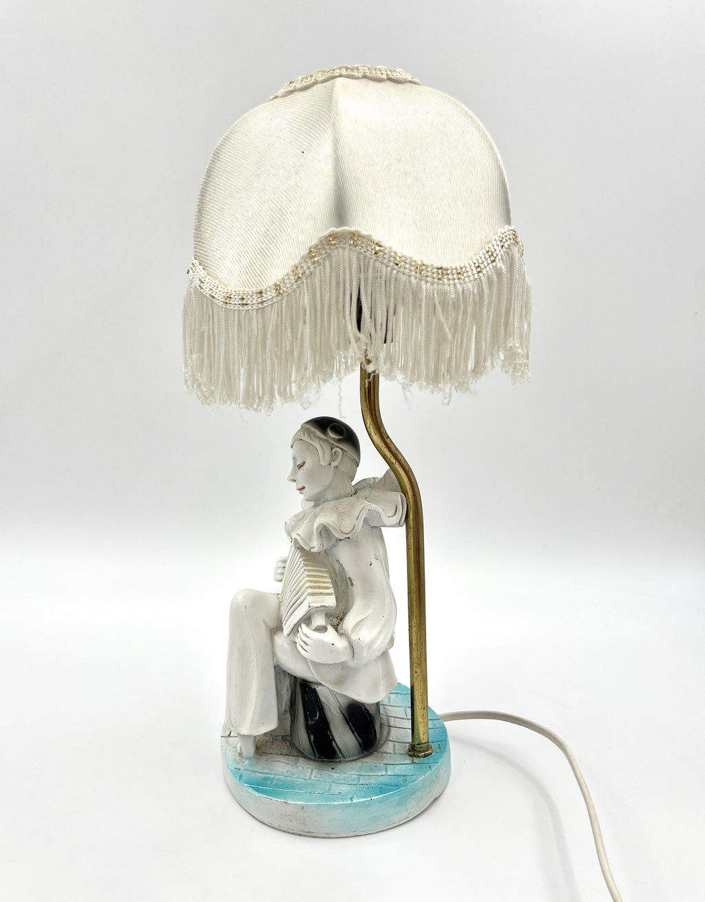 Vintage Pierrot Clown Table Lamp with Fringe Shade Art Deco Style Accent Light