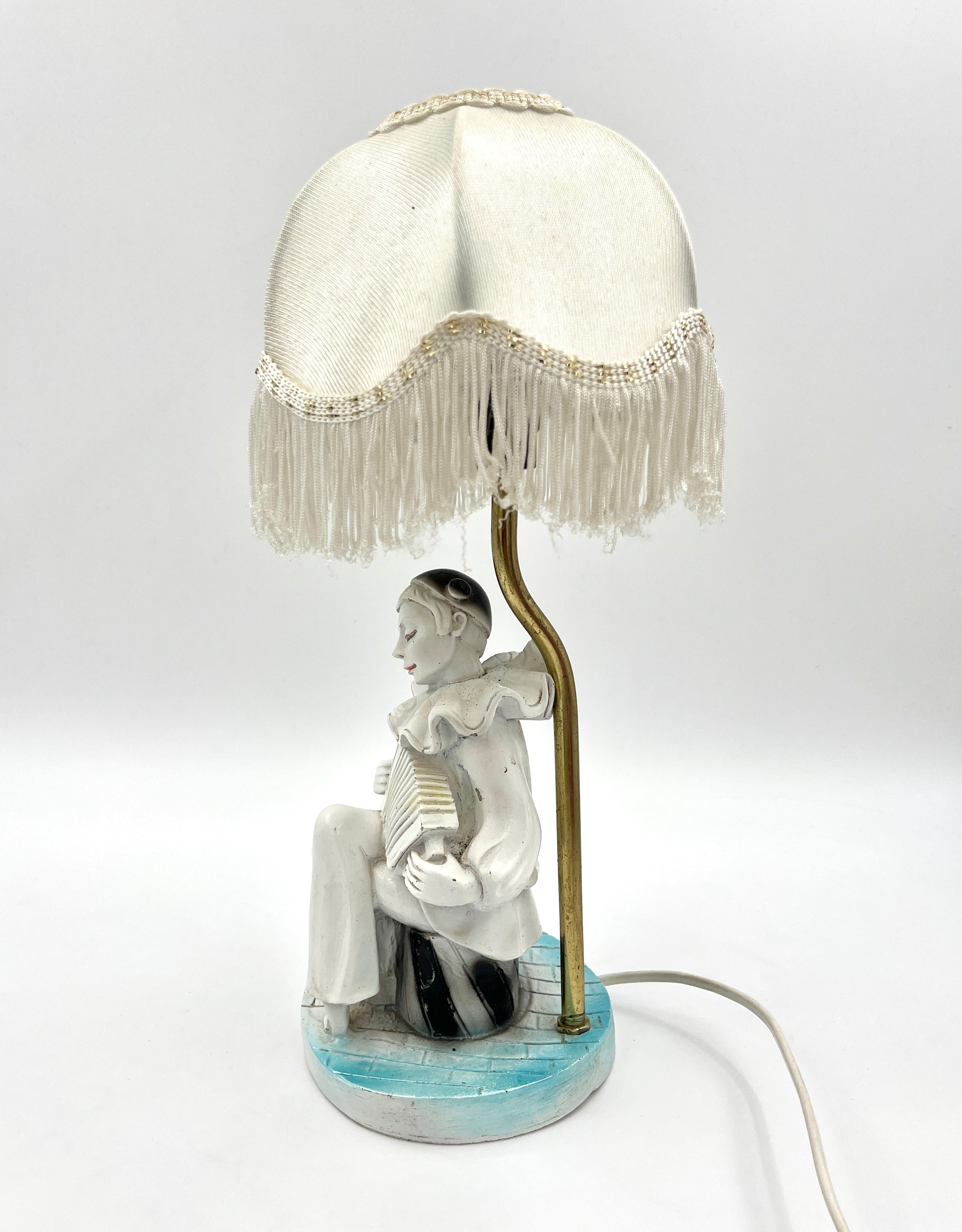 Vintage Pierrot Clown Table Lamp with Fringe Shade Art Deco Style Accent Light