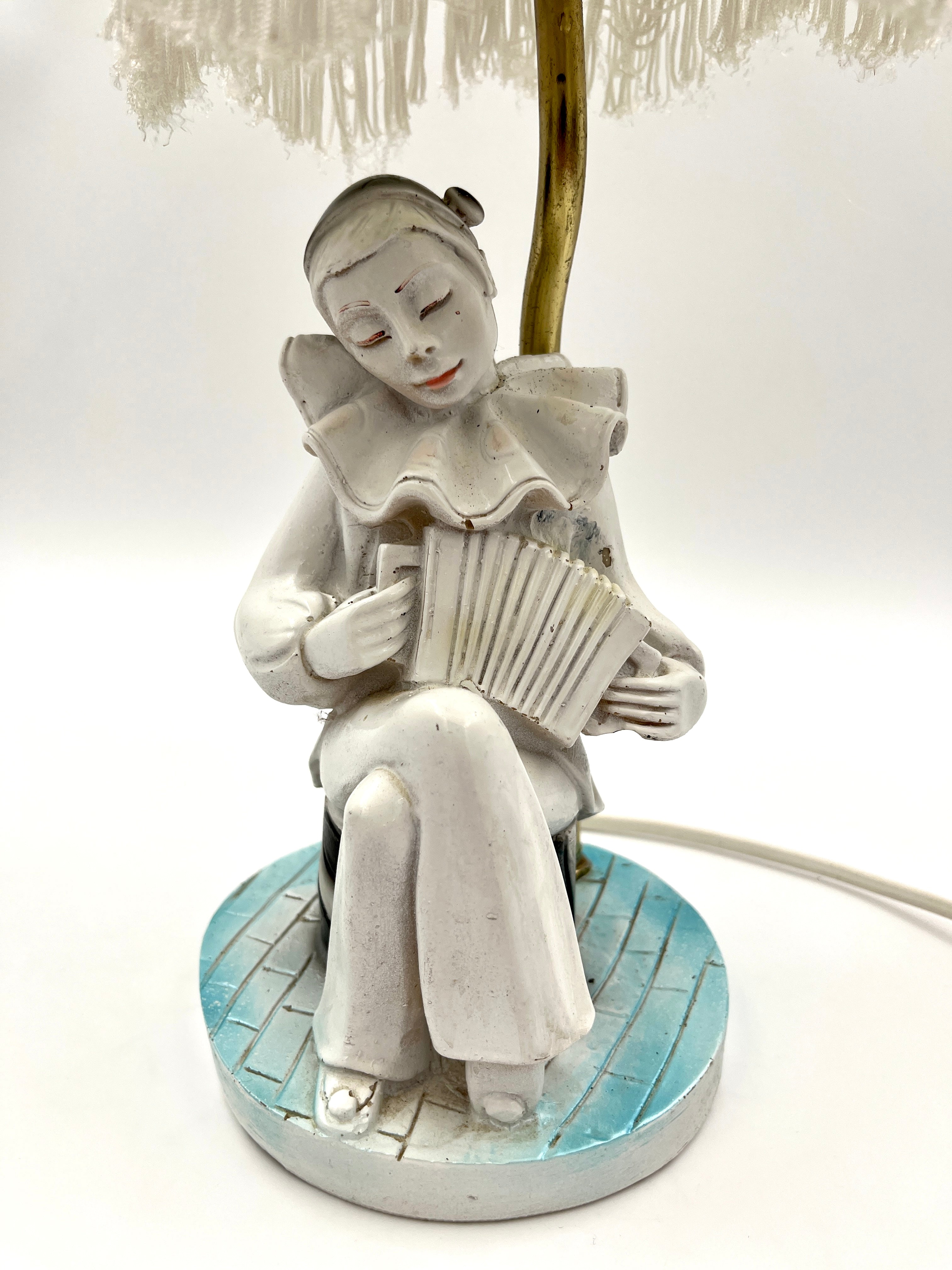 Vintage Pierrot Clown Table Lamp with Fringe Shade Art Deco Style Accent Light