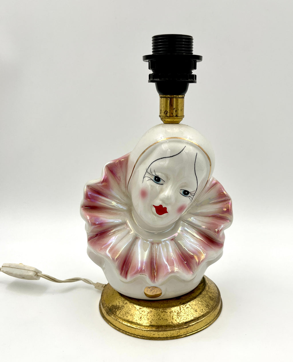 Vintage Pierrot Table Lamp Base Iridescent Ceramic Clown Harlequin Bust Pink Lustreware