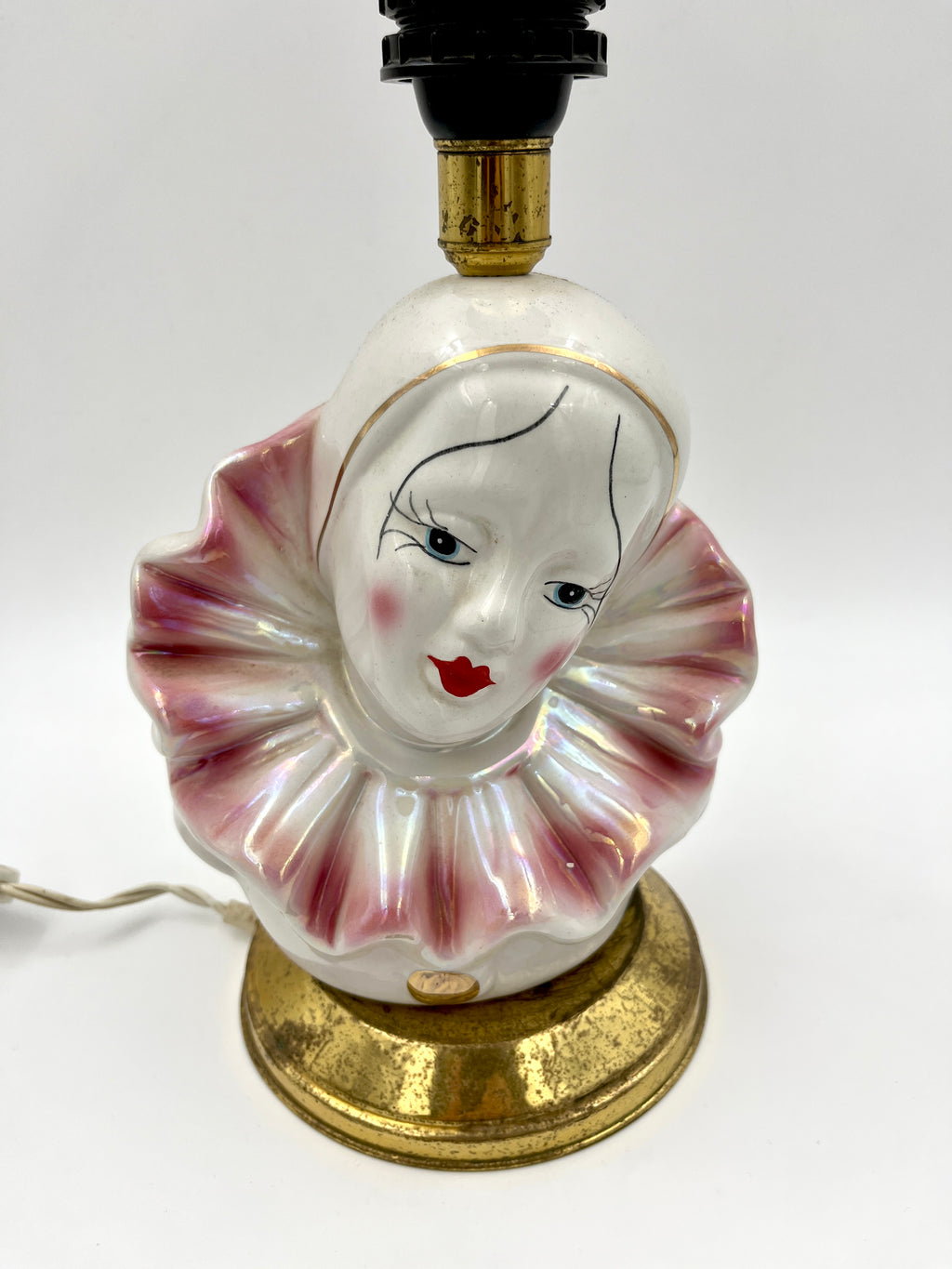 Vintage Pierrot Table Lamp Base Iridescent Ceramic Clown Harlequin Bust Pink Lustreware