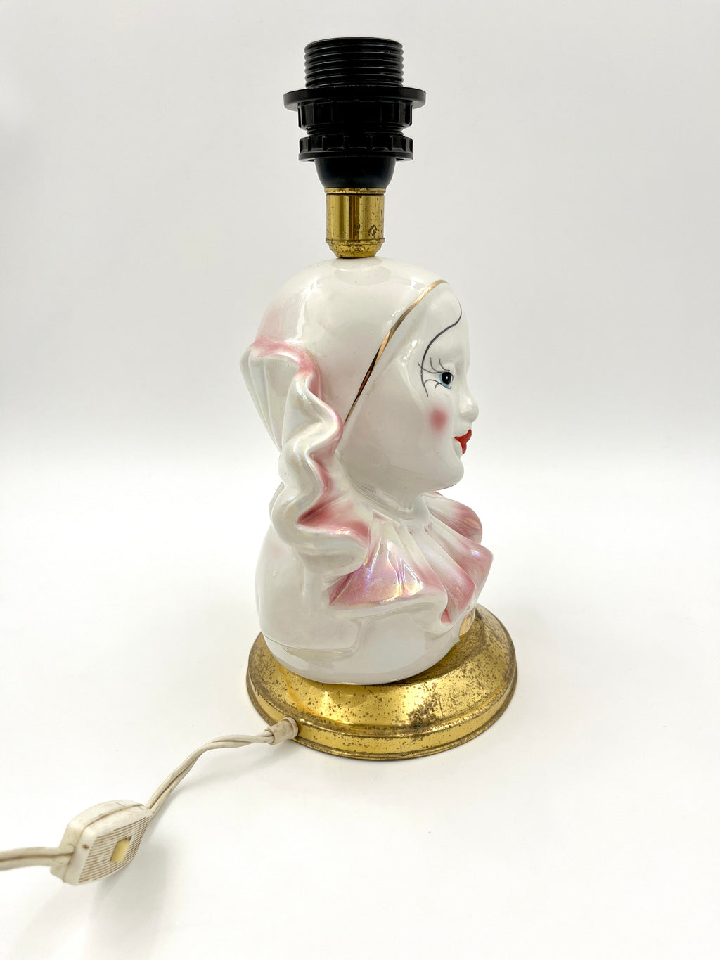 Vintage Pierrot Table Lamp Base Iridescent Ceramic Clown Harlequin Bust Pink Lustreware