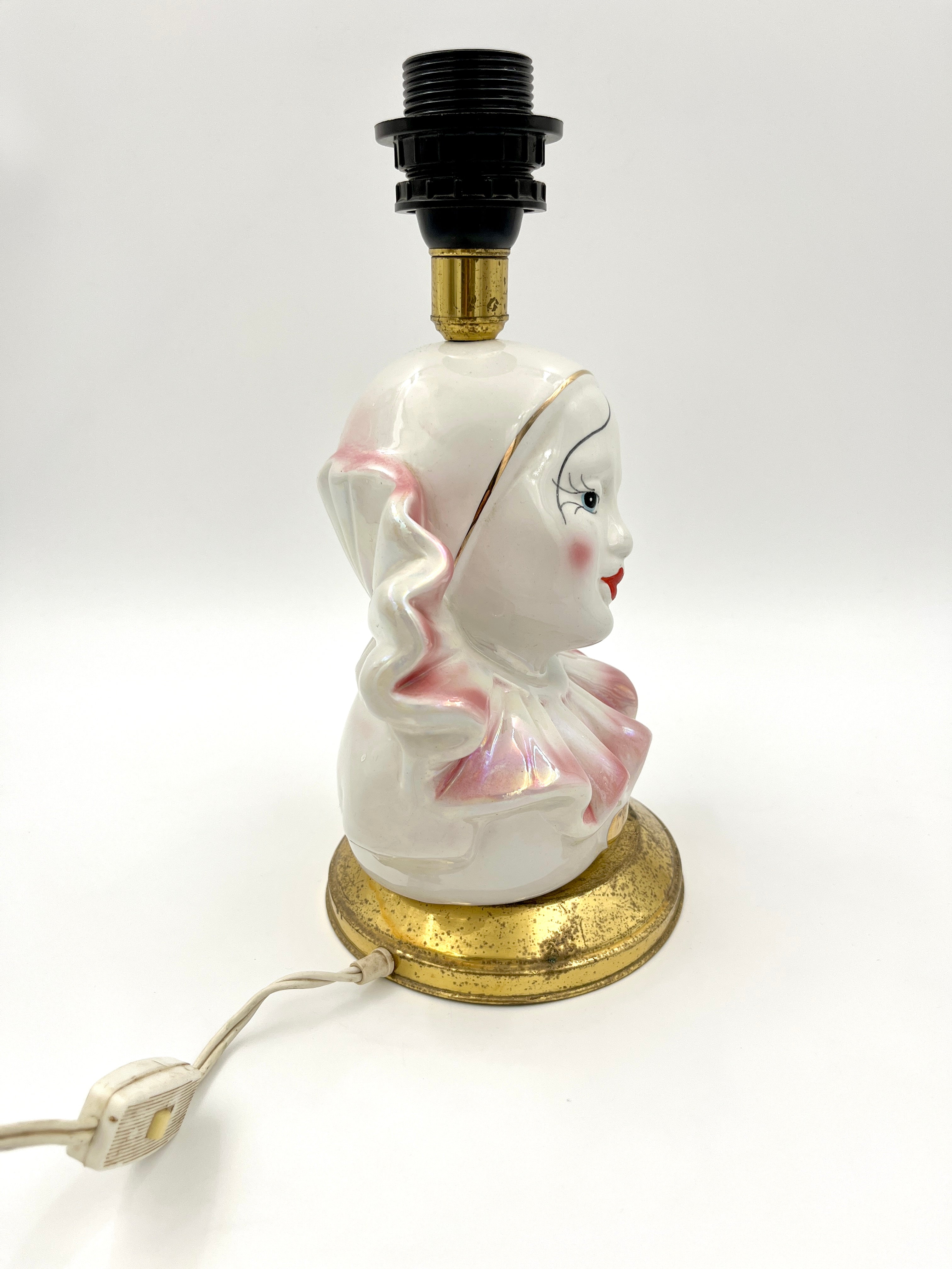 Vintage Pierrot Table Lamp Base Iridescent Ceramic Clown Harlequin Bust Pink Lustreware