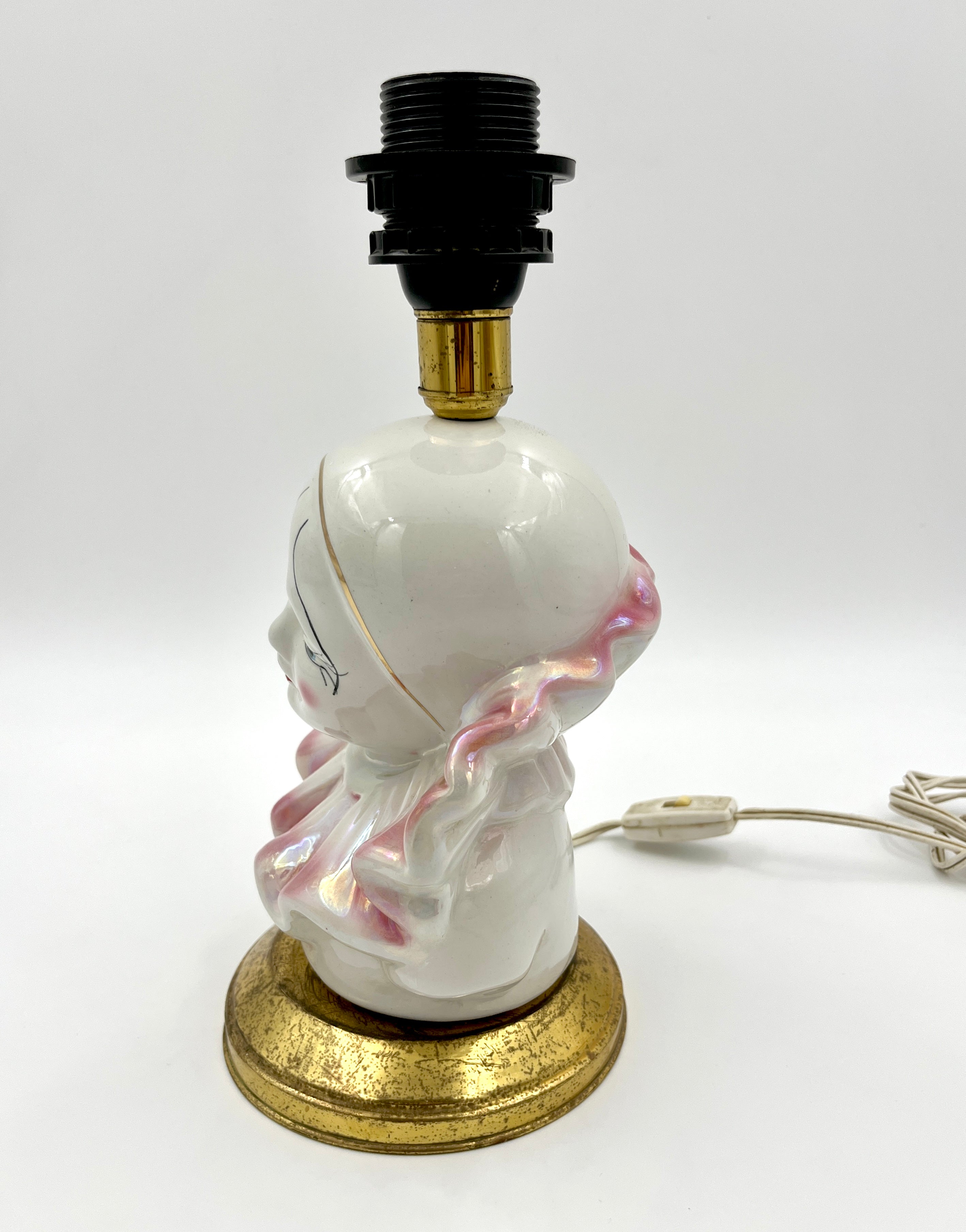 Vintage Pierrot Table Lamp Base Iridescent Ceramic Clown Harlequin Bust Pink Lustreware