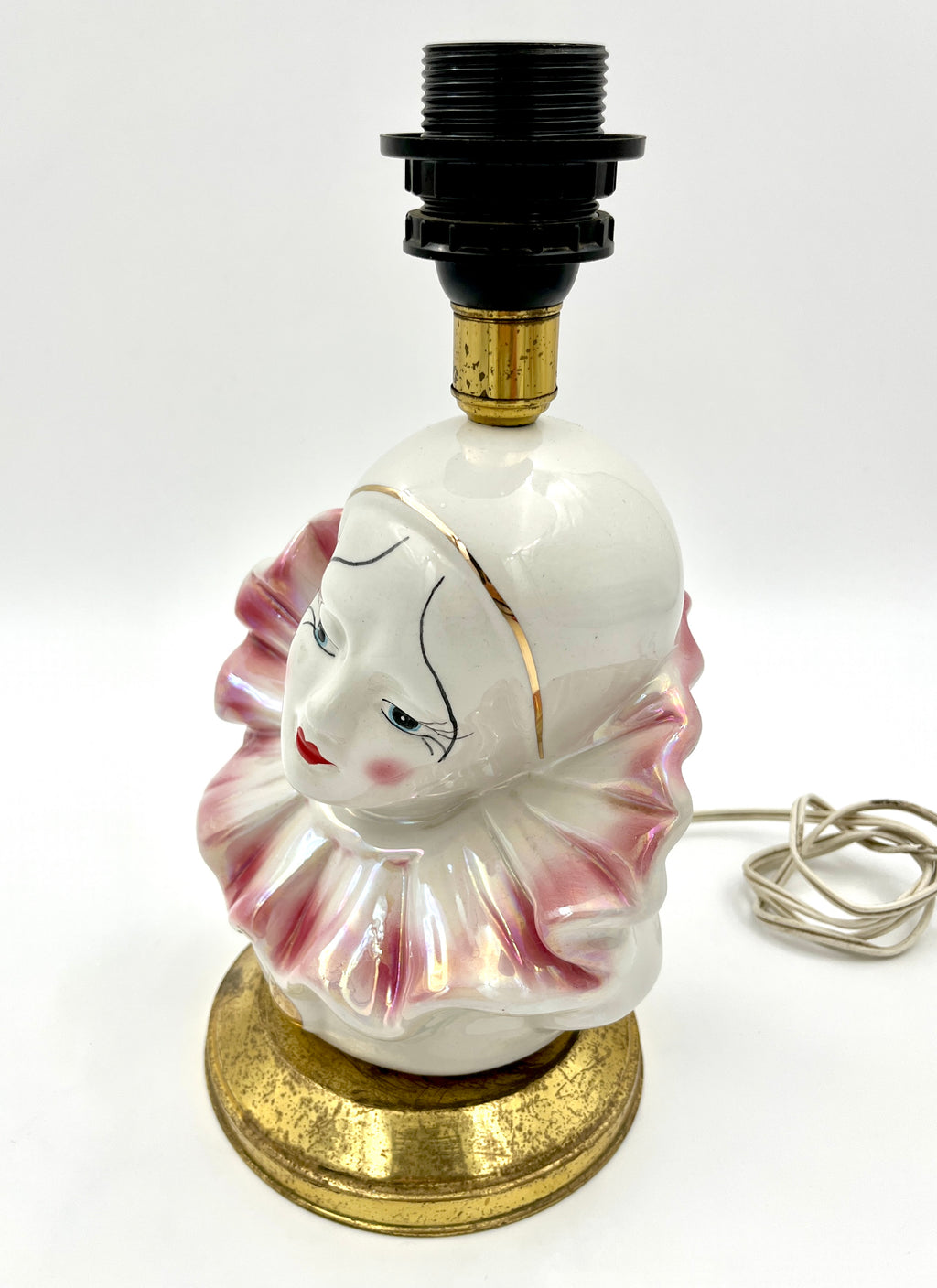 Vintage Pierrot Table Lamp Base Iridescent Ceramic Clown Harlequin Bust Pink Lustreware