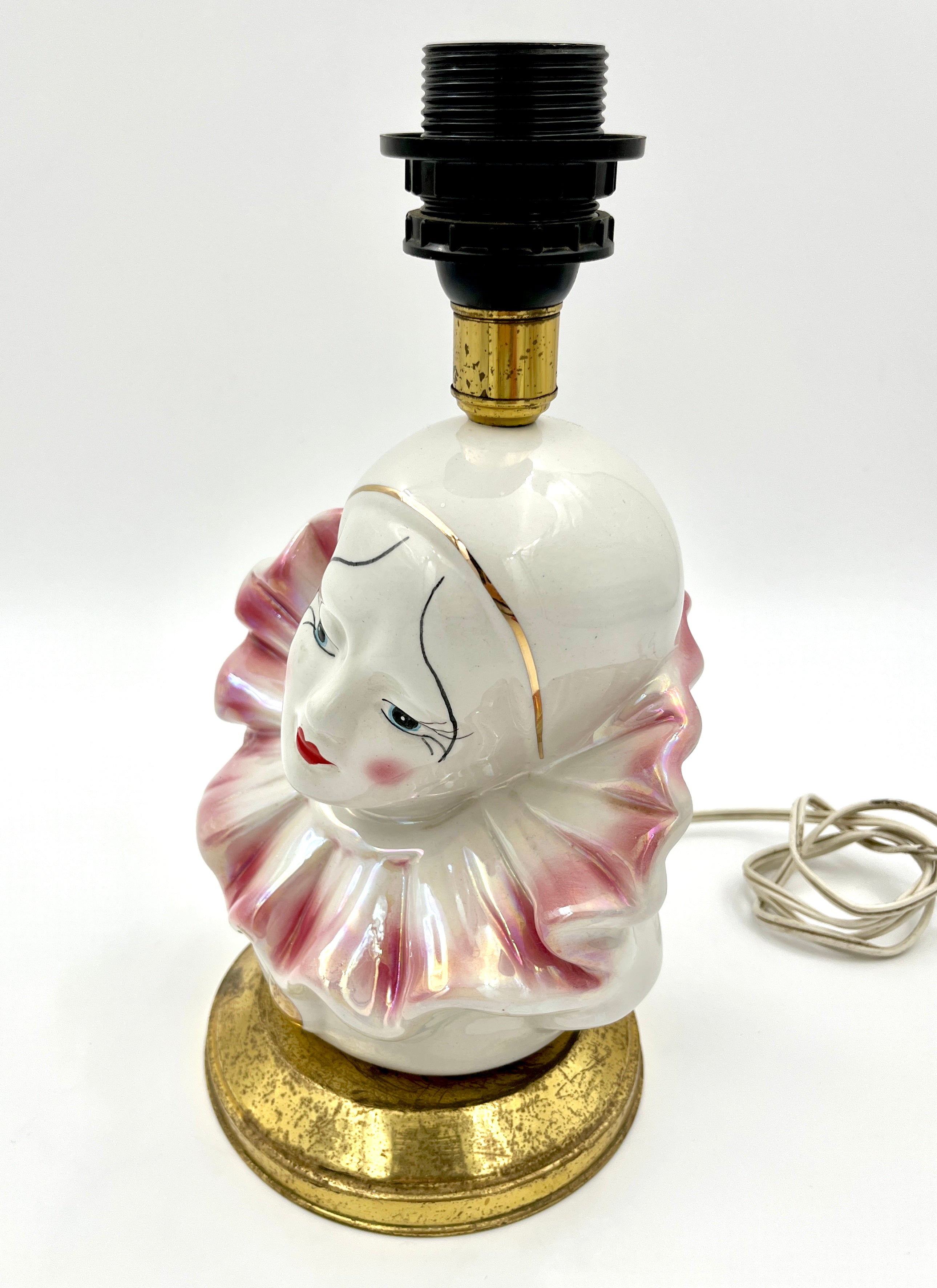 Vintage Pierrot Table Lamp Base Iridescent Ceramic Clown Harlequin Bust Pink Lustreware