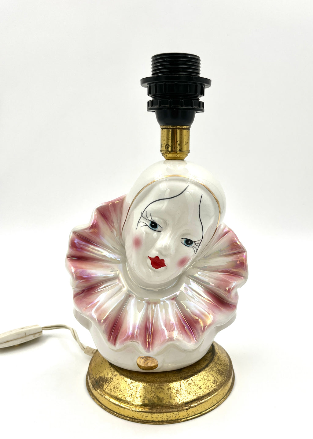 Vintage Pierrot Table Lamp Base Iridescent Ceramic Clown Harlequin Bust Pink Lustreware
