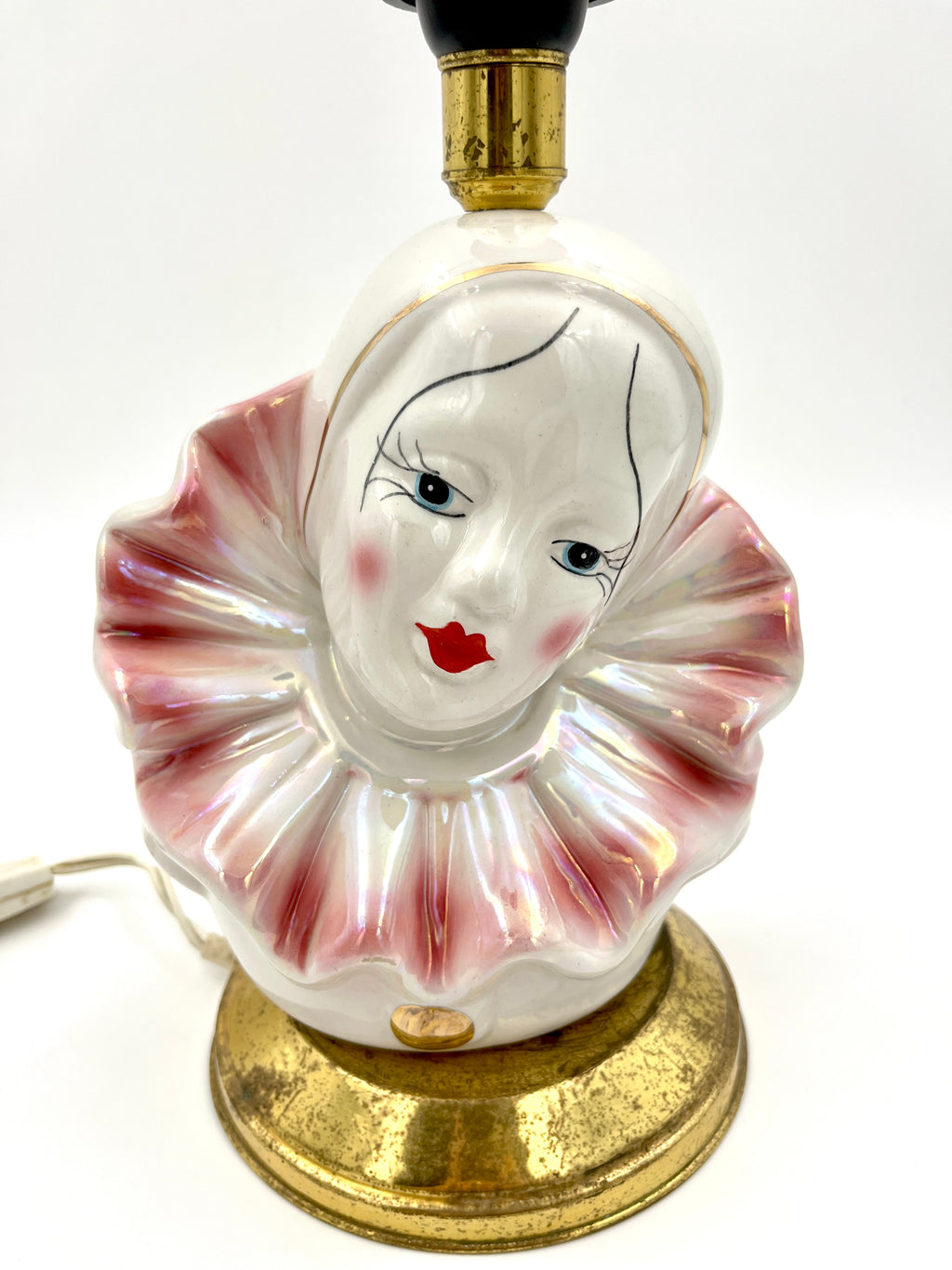 Vintage Pierrot Table Lamp Base Iridescent Ceramic Clown Harlequin Bust Pink Lustreware