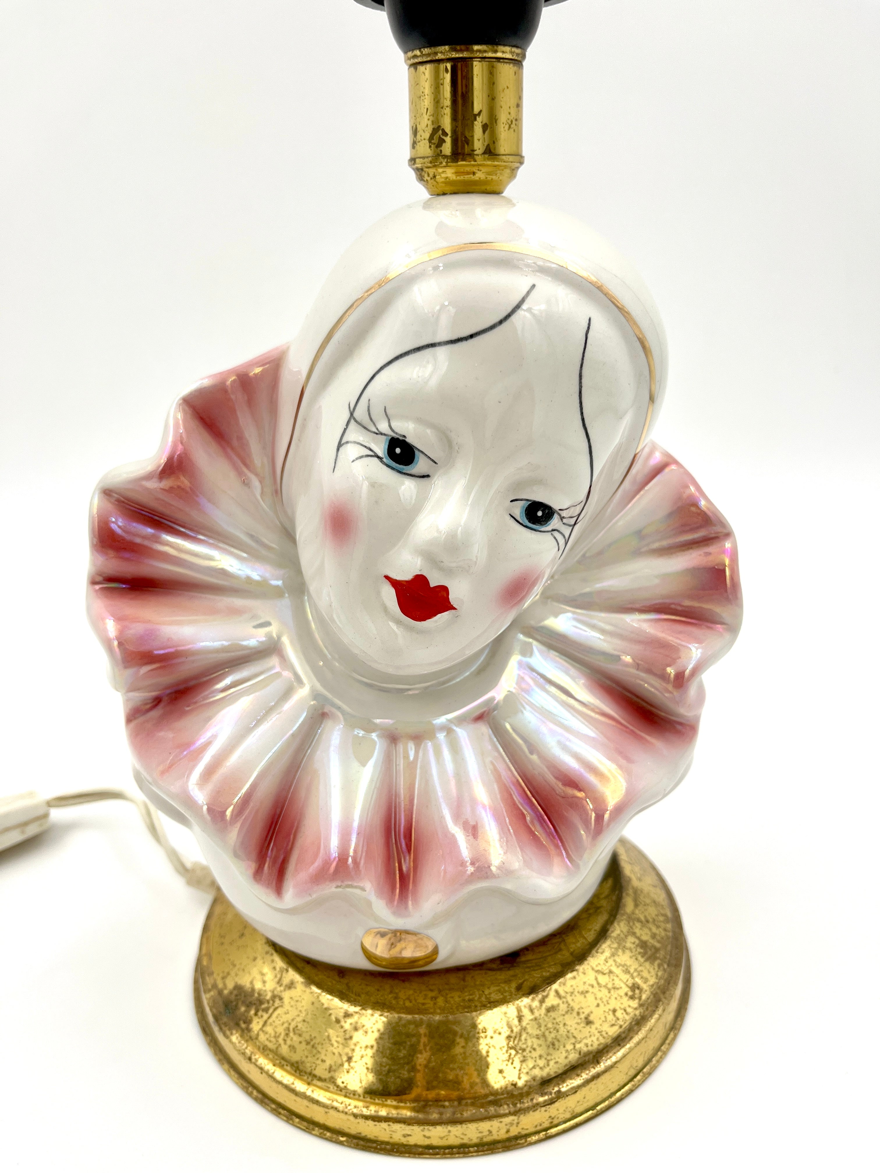 Vintage Pierrot Table Lamp Base Iridescent Ceramic Clown Harlequin Bust Pink Lustreware
